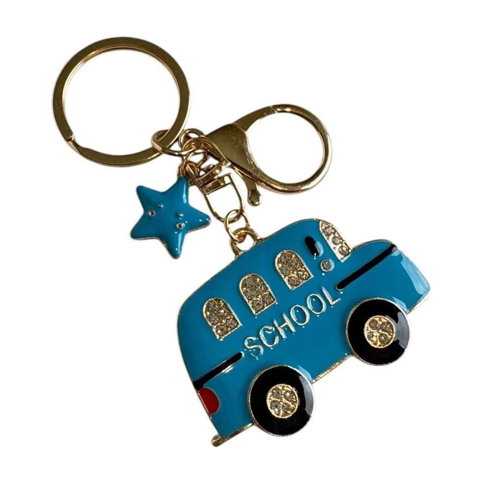 School Bus Keychain Gold Tone Blue Enamel Rhinestone Star Charm Teacher Gift